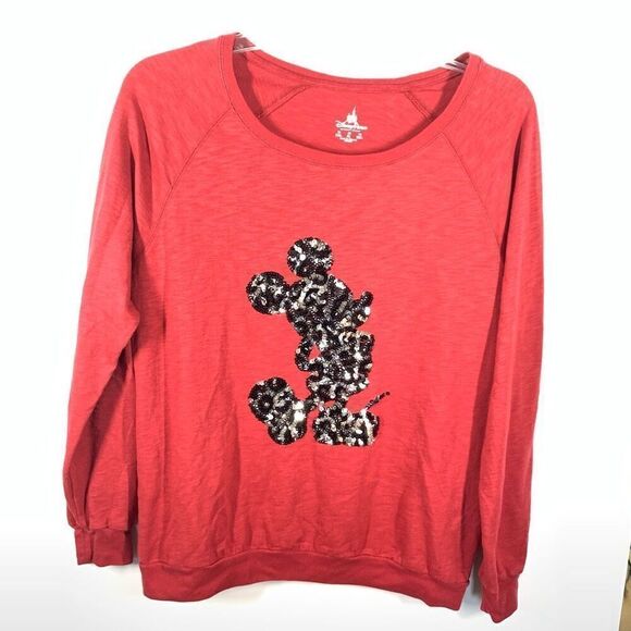 Disney Women's Pullover Mickey Mouse Sequins Long Sleeve T-Shirt Red Size XL - Picture 1 of 9